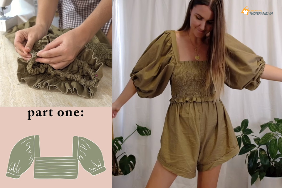 Cách may bộ Jumpsuit đùi chun thân tay phồng kèm video chi tiết