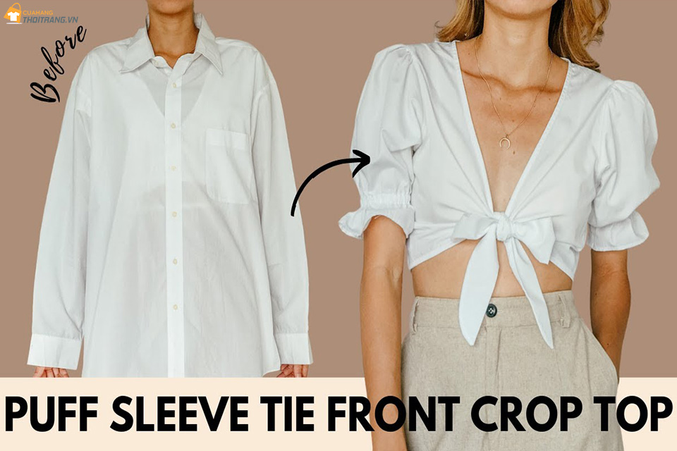 Cắt may áo croptop tay bồng buộc vạt từ áo sơ mi nam