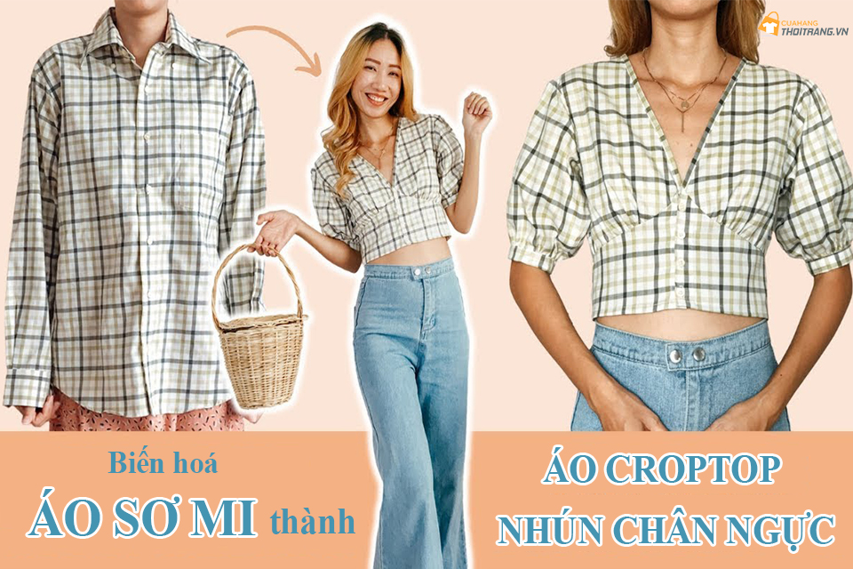 7 bước cắt may áo croptop nhún chân ngực từ áo sơ mi rộng