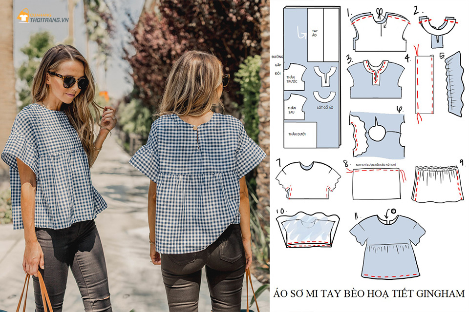Hướng dẫn may áo sơ mi tay bèo hoạ tiết Gingham