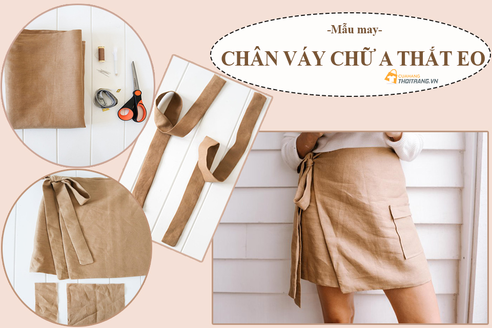 Hướng dẫn may chân váy chữ A buộc eo túi trước siêu hot