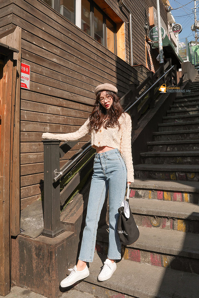 Áo cardigan dáng croptop mix quần jean cạp cao siêu hack dáng